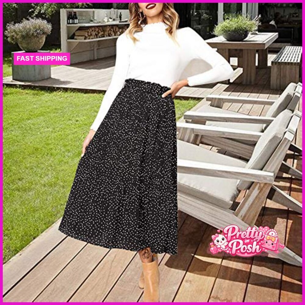 High Waist Polka Dot Pleated Maxi Midi Skirt with Pockets - Picture 2 of 7